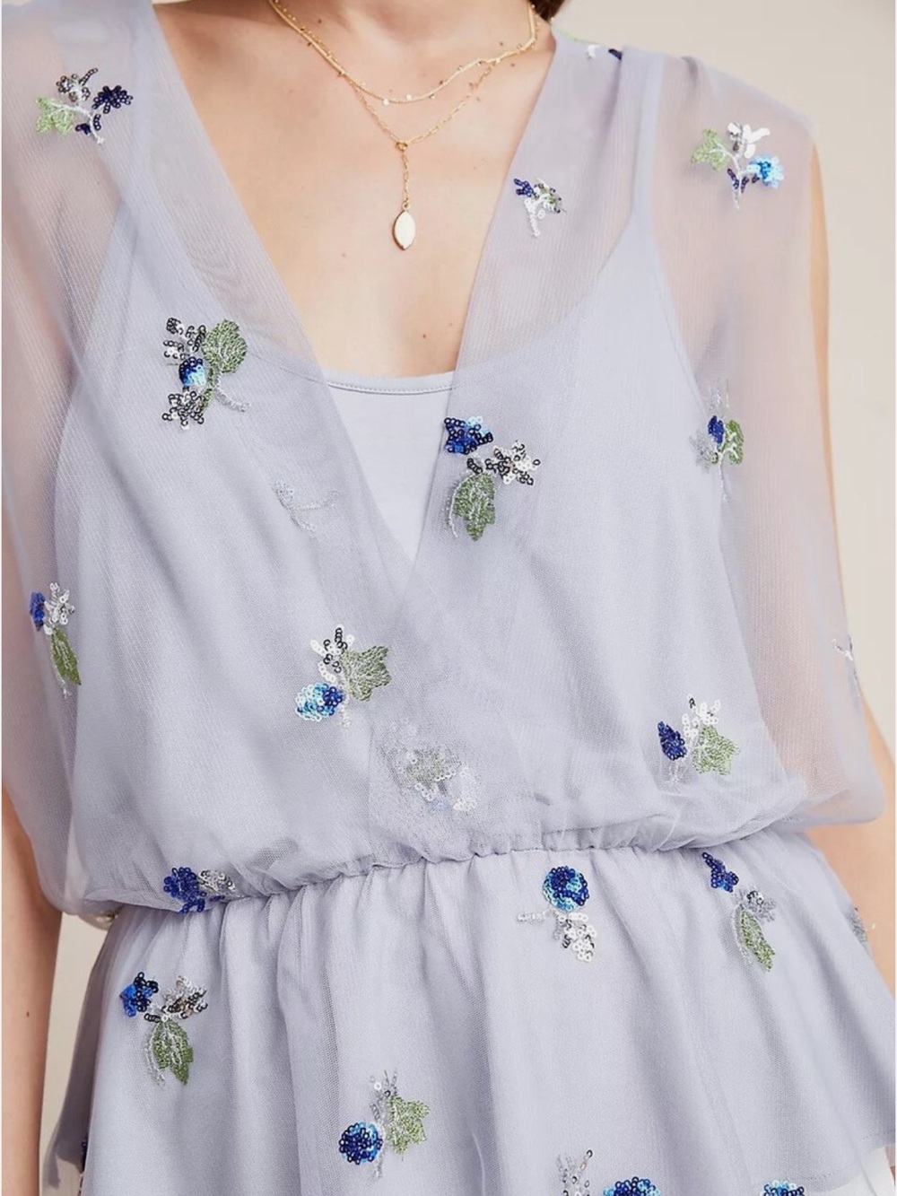 Eva Franco Pale steel blue Embroidered Sequin Mesh Peplum Top size M